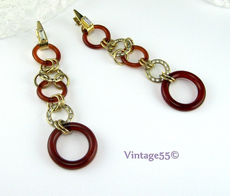 Vintage Earrings Rhinestone Ringed Hoop Art Deco Style