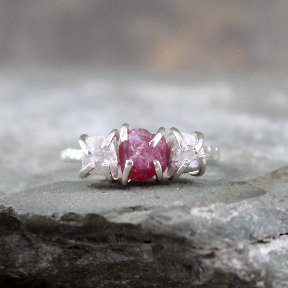 Three Stone Rough Diamonds and Rough Red Ruby -Sterling Silver Ring  - Trio Engagement Ring - 40th Anniversary Ring - July Birthstone Ring