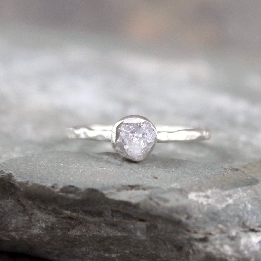 One Carat Rough Diamond Solitaire Ring Bezel Set in Sterling Silver - Raw Diamond Engagement Ring - Stacking Ring - April Birthstone Ring