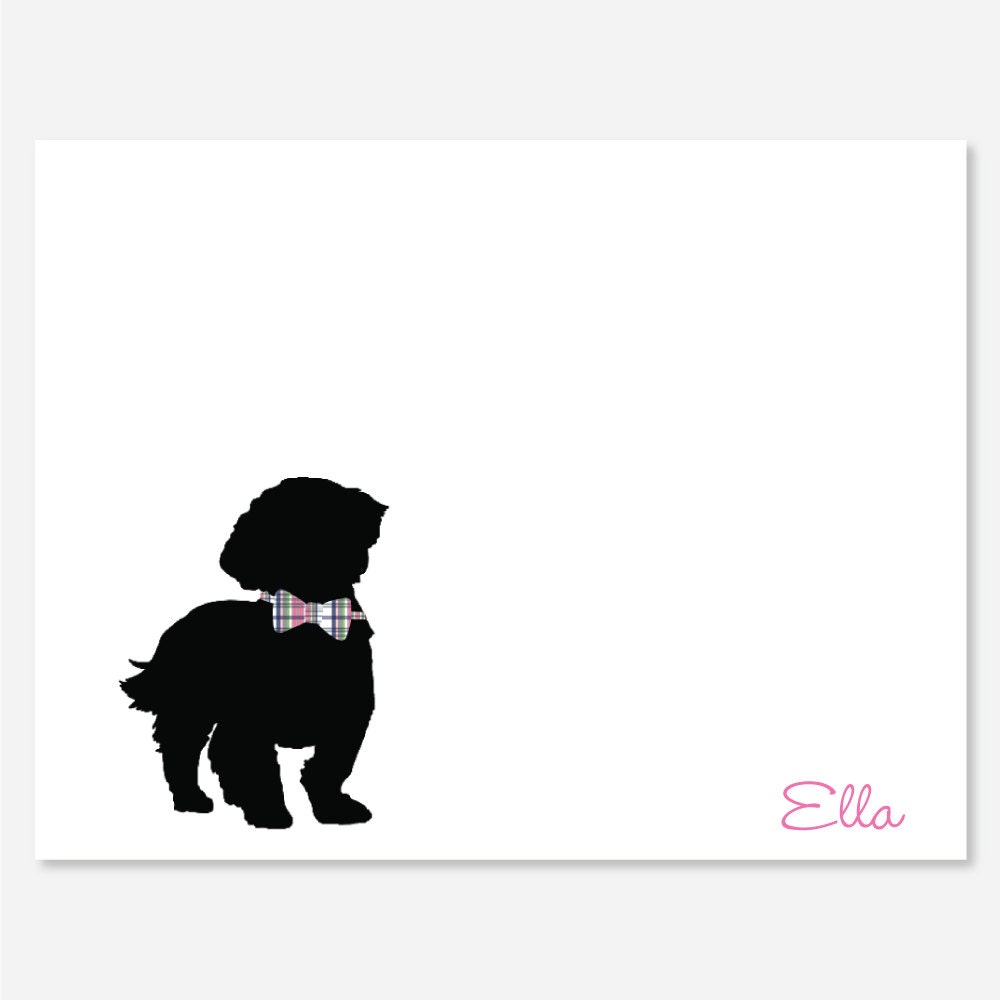 Plaid Bow Dog Silhouette Note Cards Stationery Set of 12 Pink Blue Fucshia