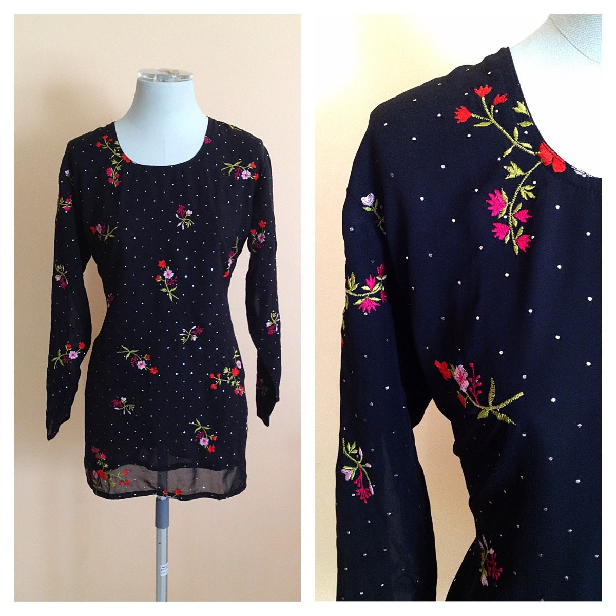 Vintage Little Black Dress. Short Dress. Mini Dress. Long Sleeve. Red Flowers. Floral. Silver. Dotted. Size Medium. Long Blouse. 1980s.