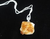 Citrine Crystal Druzy Raw Geode SILVER Frame Pendant with Chain Necklace- Square Shape