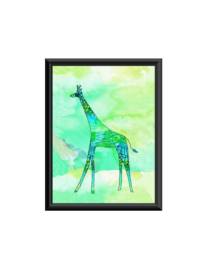 Giraffe Art Print Dark Mint and Blue Nursery Art 8 x 10 Unframed