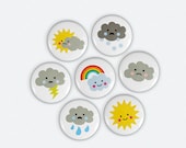 Buttons - Cute Weather Illustrations Set of 7 -  Sun - Clouds - Rainbow - Lightning - Rain - Snow