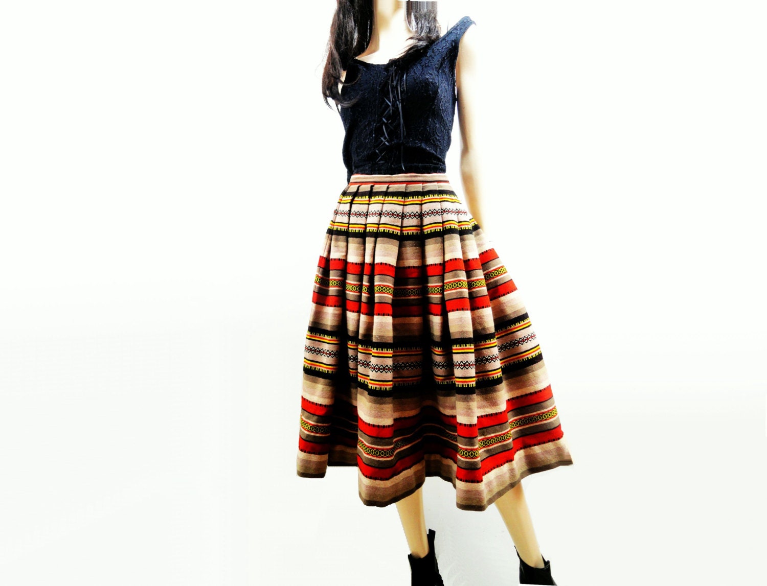 1940s Vintage Ethnic Skirt Full Burnt Orange Pleated Stripe Wool Skirt