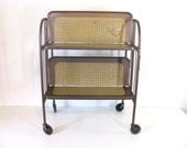 vintage brown metal folding style cart table / kitchen shelf on wheels