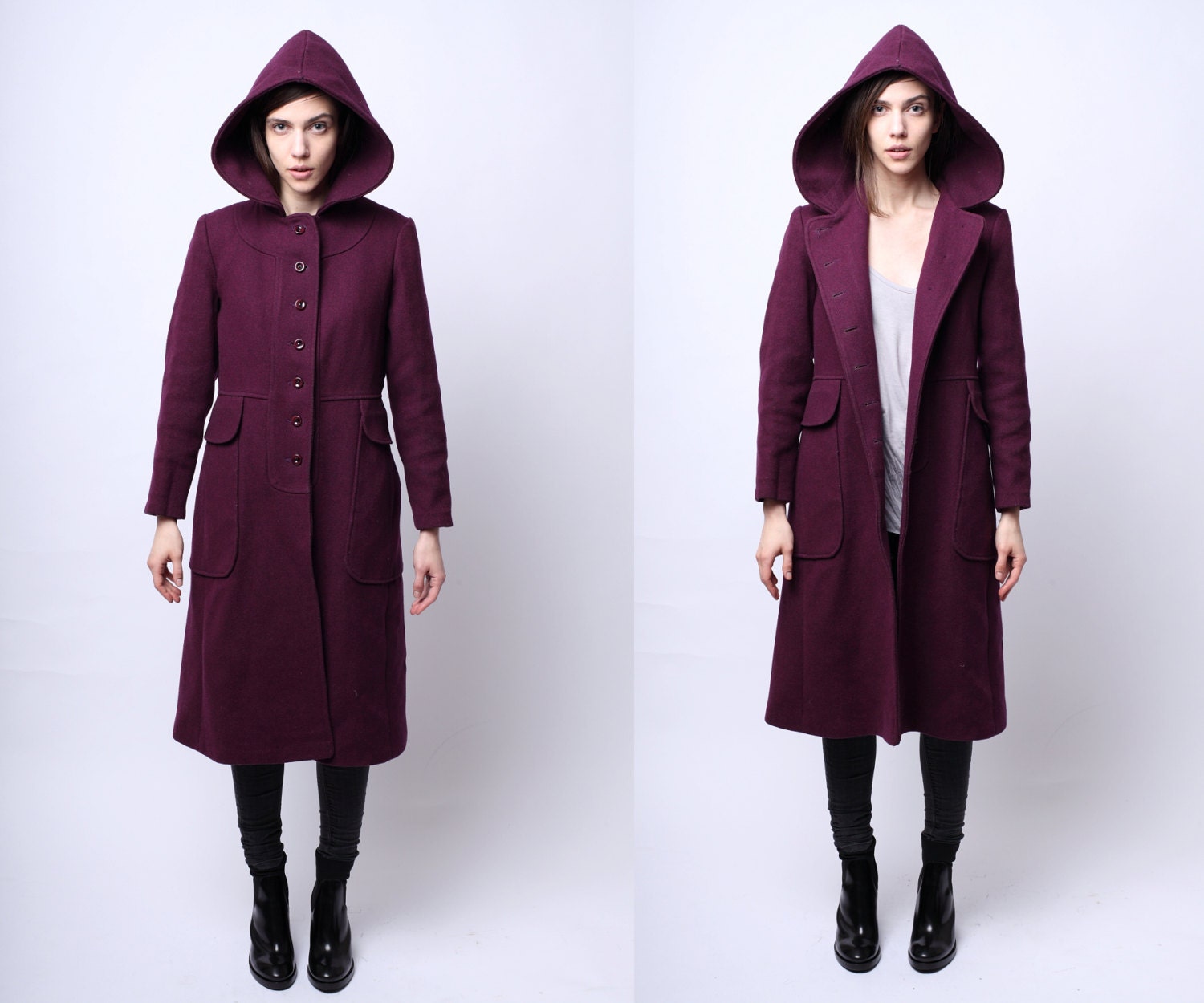 1970s Seeker Plum Hooded Cloak Coat Coat XS / S