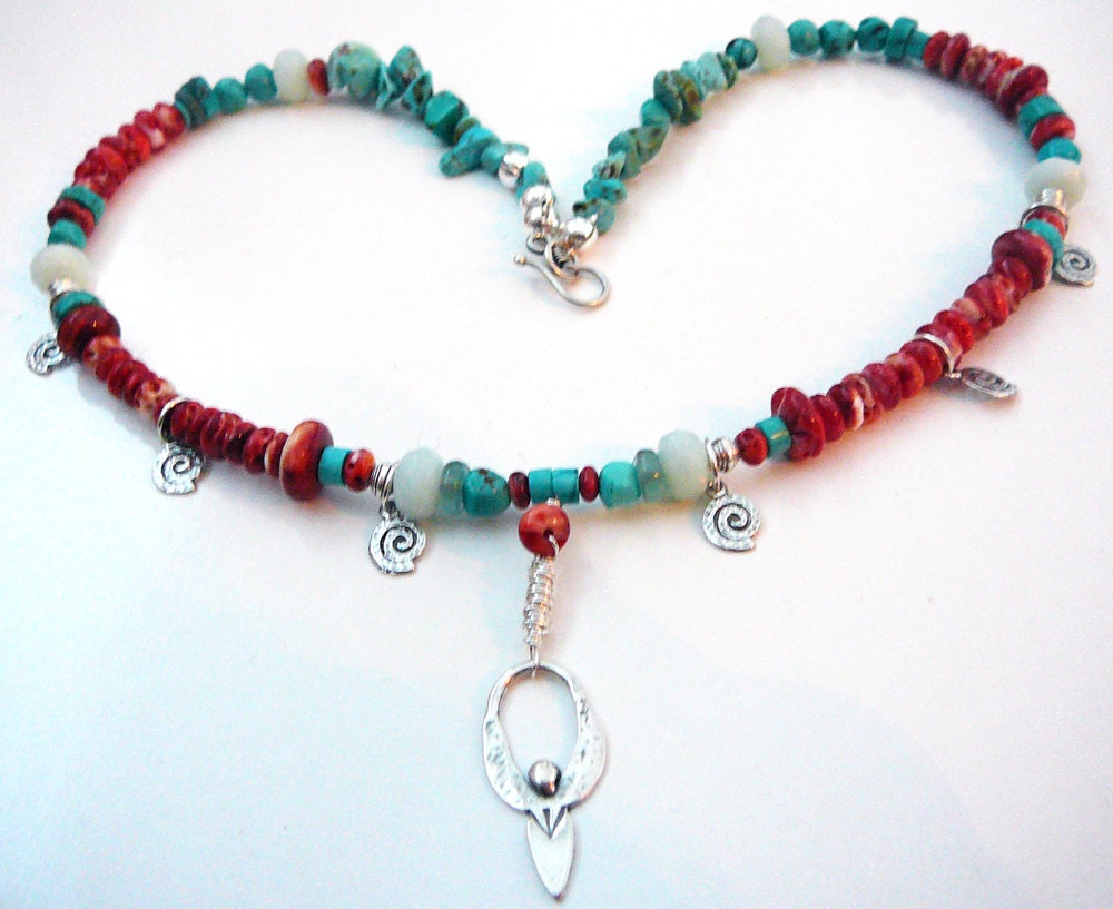 FREE SHIPPING Goddess Spiral Dance of Life Necklace / Spiny Oyster, Turquoise, Amazonite