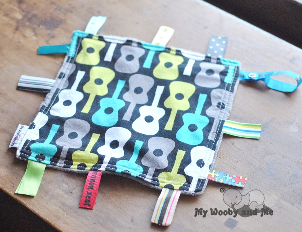 Groovy Guitar Lagoon Crinkle Crackle - Gray Minky -  Pacifier Clip - Binky Holder - Snap handle - READY TO SHIP