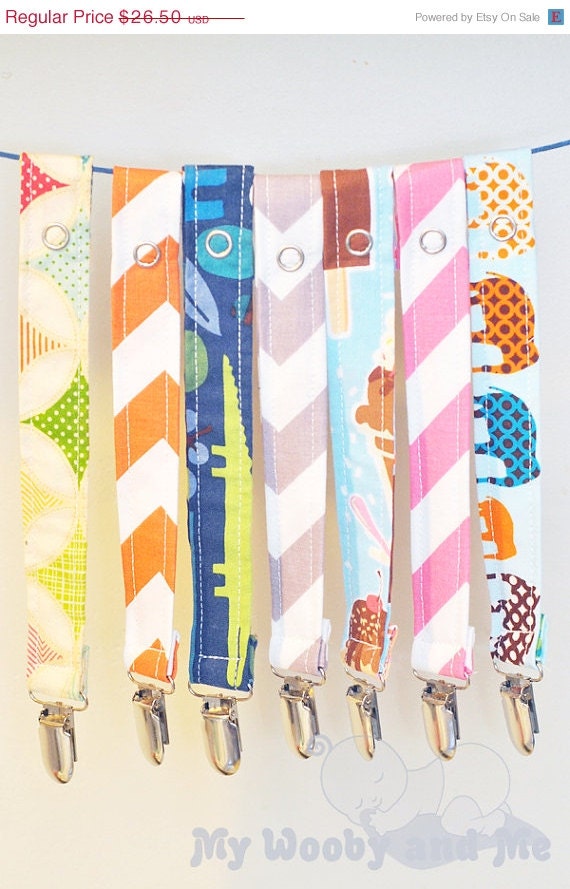 SALE SALE SALE Pacifier Clip Set - Choose any Five Fabric pacifier clips - Universal ( ribbon loop) or Snap - GumDrop Soothie Mam Avent