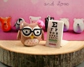 Tree Slice Business Card Holder - Female Optometrist Owl In Pink - Miniature Polymer Clay Animal