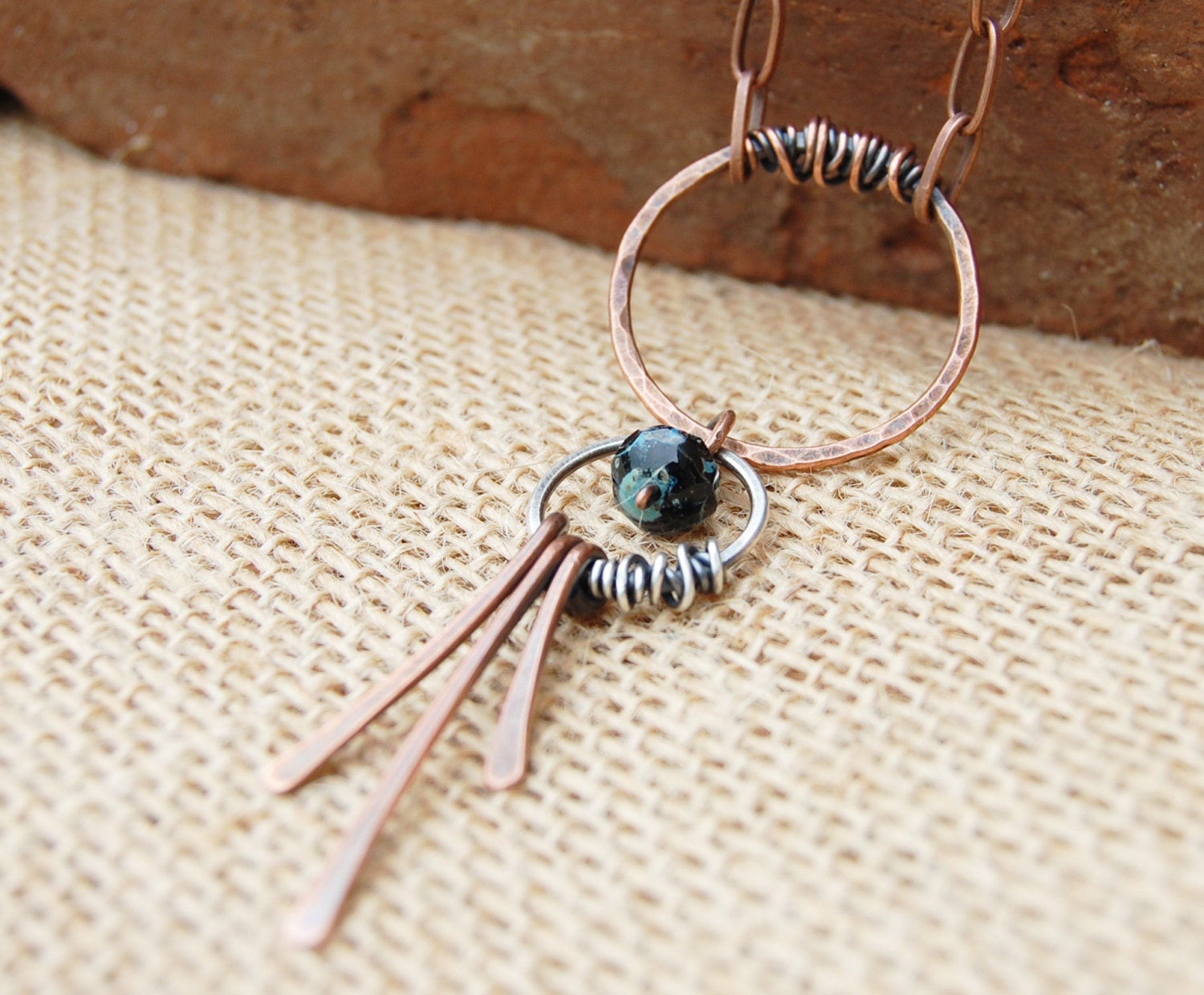 Copper and Silver. Artisan Necklace. Circles. Tassle. Oxidized. Wire Jewelry.