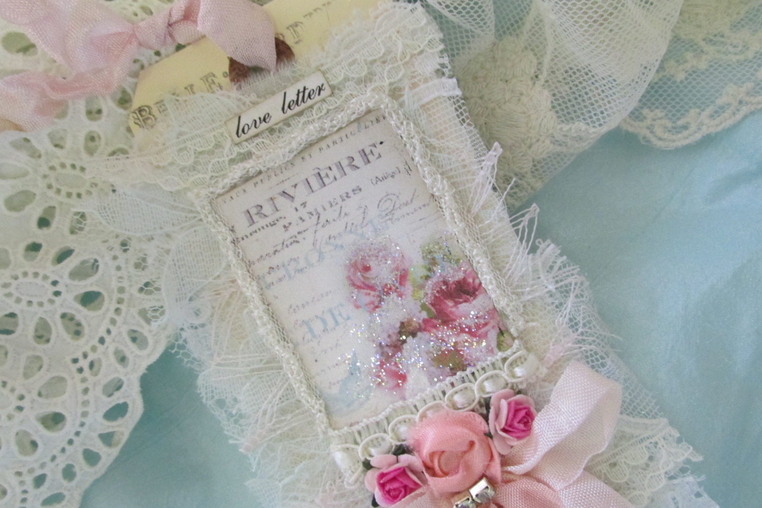 Shabby Rose Lace Gift Tag Mixed Media Hang Tag with Vintage Bridal Lace