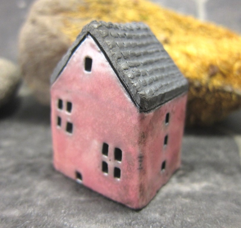 Rustic Pink Cottage...Raku Fired Miniature House