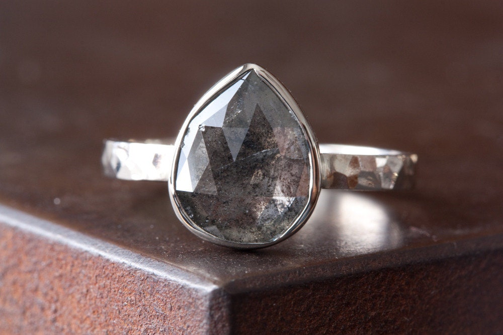 Natural Rose Cut Black Diamond Ring in 14kt White Gold