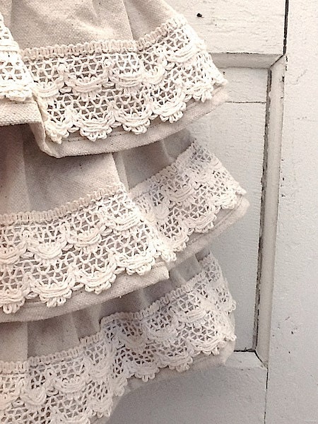 Ruffled Shoulder Canvas Bag, Rustic Ruffles,Crochet Lace, Industrial Cotton Canvas, Victorian, Prairie Style,