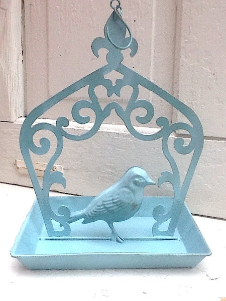 French Farmhouse Bird Feeder, Shabby Aqua, Garden Decor, Tin Metal, Hanging Metal Basket
