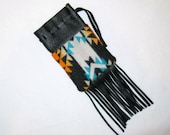 Fringed Possibles Bag / Cedar Bag / Medicine Bag Medium Wool and Leather Black and White Tribal
