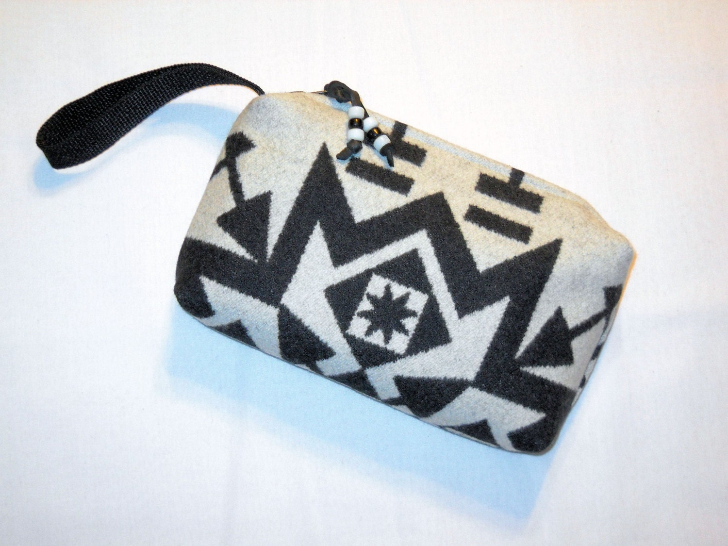 Wristlet Black and White Wool with Black Strap Southwestern Geometric Tribal