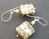 lampwork glass earrings  ivory bumpy beads beige ivory and charcoal silvered beads-  vanilla treasures