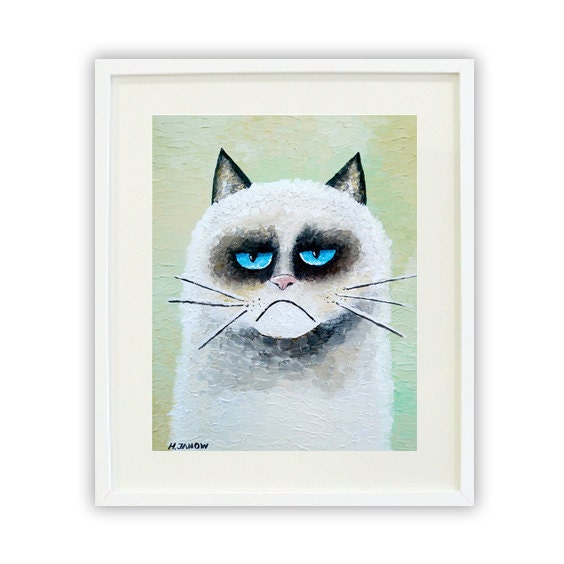 Grumpy Cat Giclee Print, Whimsical Animal Art, Kids Wall Art, Folk Art Pet Portrait 8x10 Signed