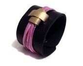Leather jewelry. Stylish leather cuff bracelet with pink bow. Casual Elegance collection