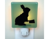 Rabbit Night Light - Hand Painted Glass Night Light - Bunny with a Meat Cleaver - Humor - Sea Green