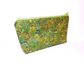 Fabric Pouch Medium Pouch Zipper Pouch Cosmetic Bag  Green and Gold Paisley Swirls