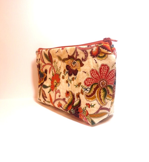 Medium Pouch Cotton Pouch Zipper Pouch Cosmetic Bag Toiletry Bag Pencil Case Flowers in Gold and Pumpkin