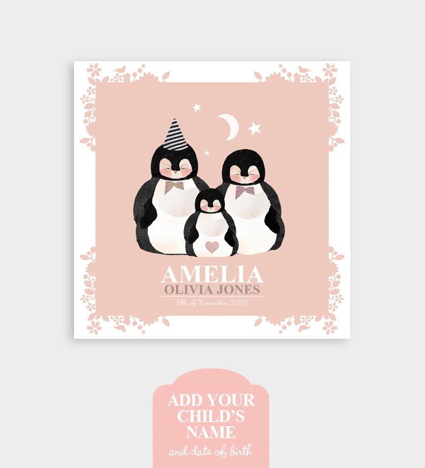 Personalized Baby Boy Girl Gift Art- 'Pitter Patter Penguins' by Schmooks