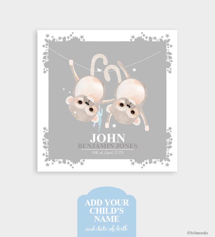 Personalized Baby Name, Newborn Nursery Decor - 'Cheeky Monkeys' by Schmooks