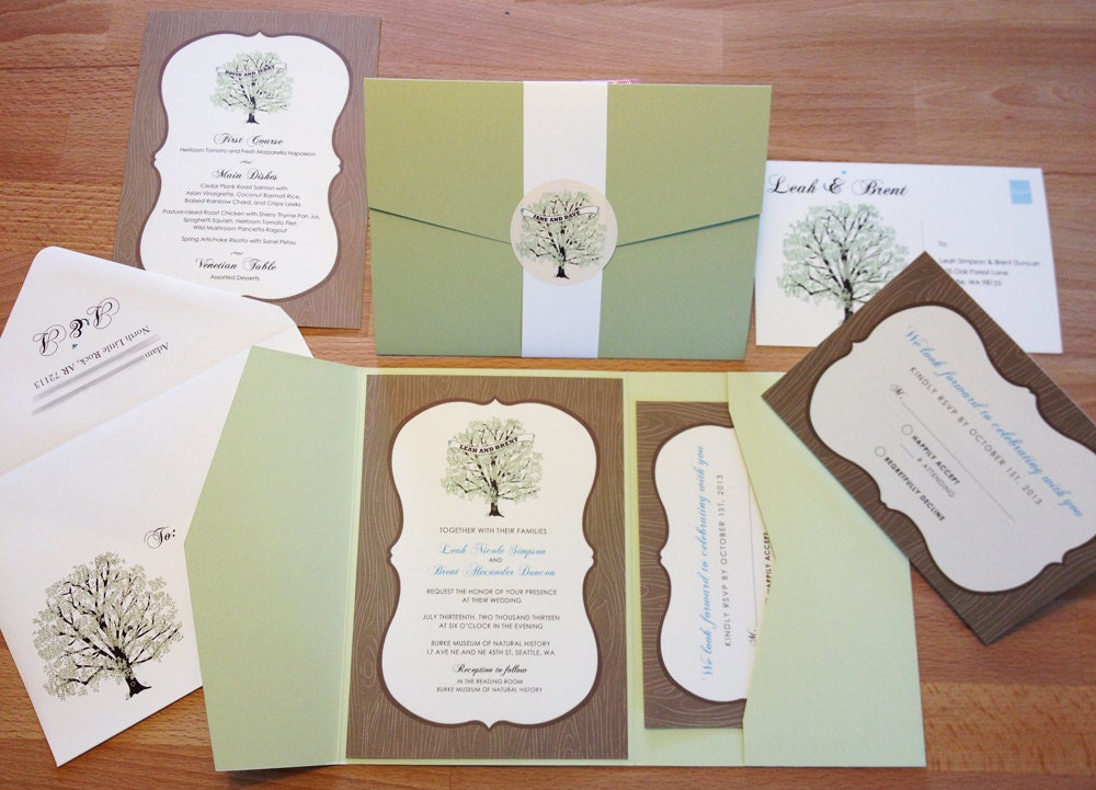 NEW SAMPLE Tree and Wood Frame Wedding Invitation, Pocketfold, Modern and Rustic