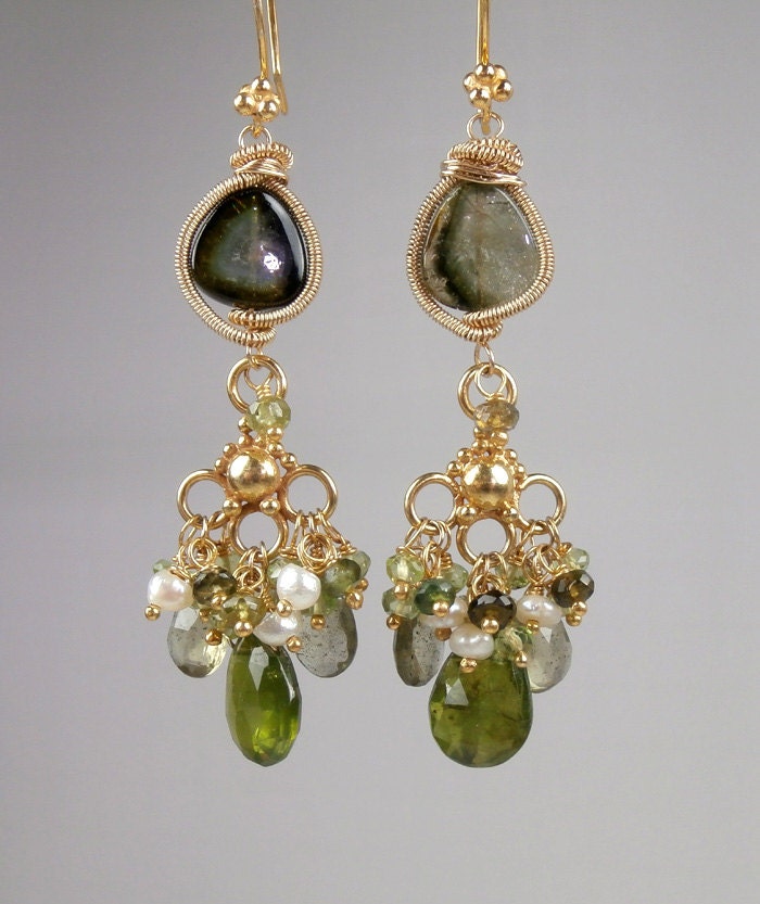 Green Tourmaline Wire Wrapped Gemstone Earrings Gold Chandelier Peridot Vessonite Watermeon Tourmaline Spring Fashion - Anita