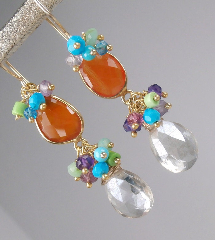 Colorful Gemstone Dangle Earrings Multicolor Wire Wrapped Sterling Silver Cluster Carnelian Turquoise Rock Crystal Spring Fashion - Ruth