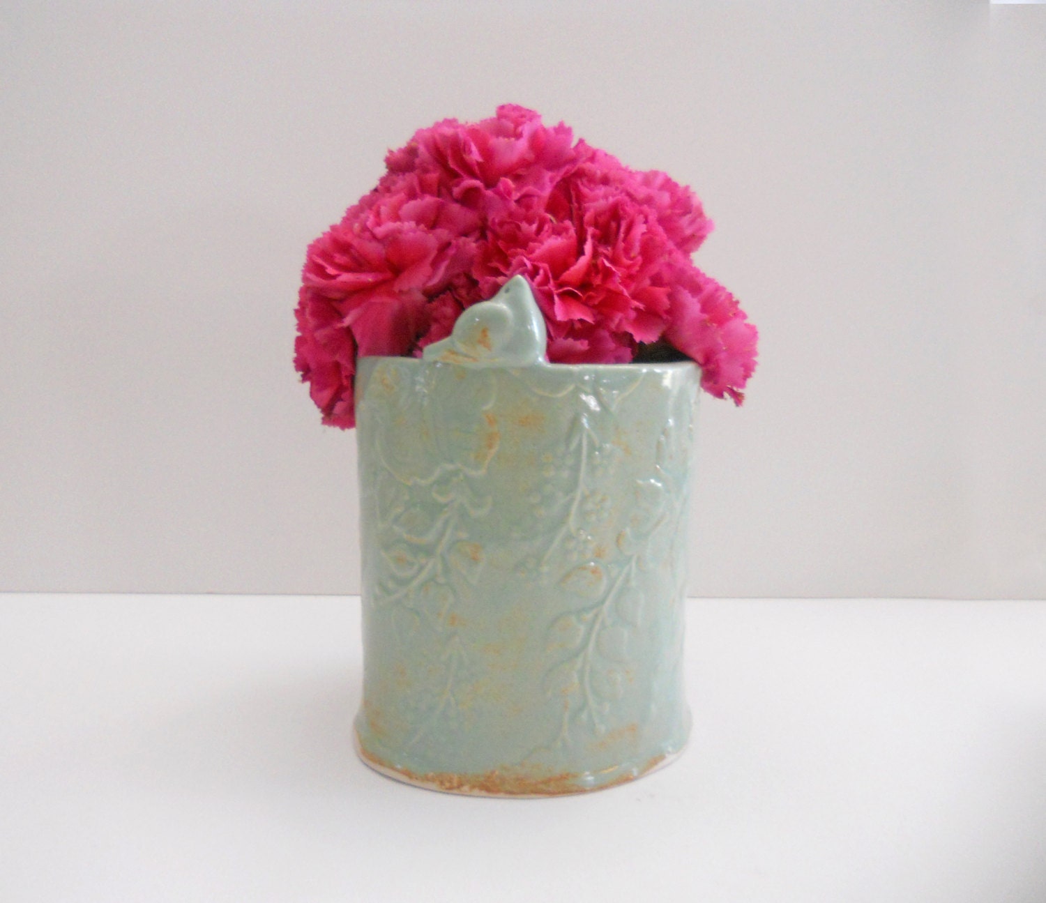 Stoneware Vase Bird Vase Vessel with Damask Texture Mother's Day Gift Handmade Pottery