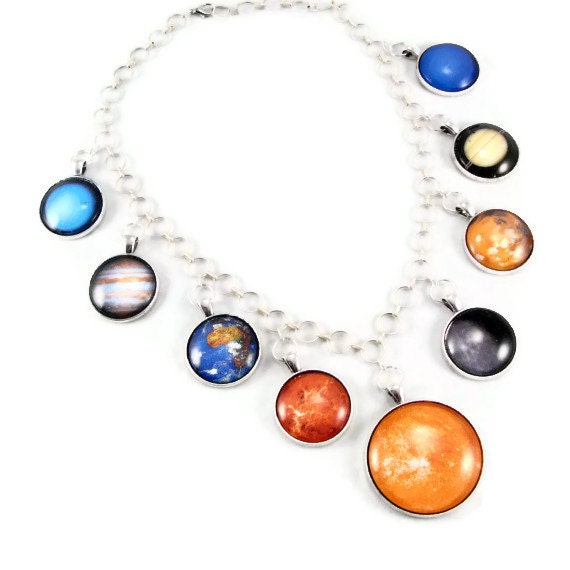 Large Solar System Necklace Antique Silver Planet Jewelry