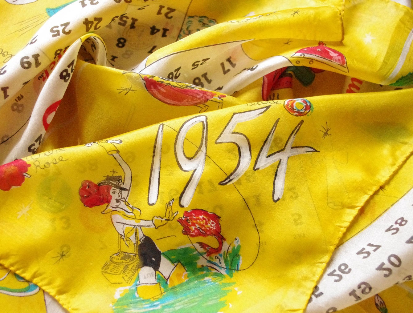 1954 Silk Calendar Scarf with Adorable Illustrations