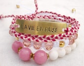 Bracelet set friendship bracelets hand stamped La Vie en Rose stack jewelry macrame beaded bracelet stretch - pieceofART