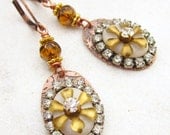 Dangle earrings bohemian rhinestone drop earrings metal mix earrings gypsy hippie flower earrings raw brass copper crystals