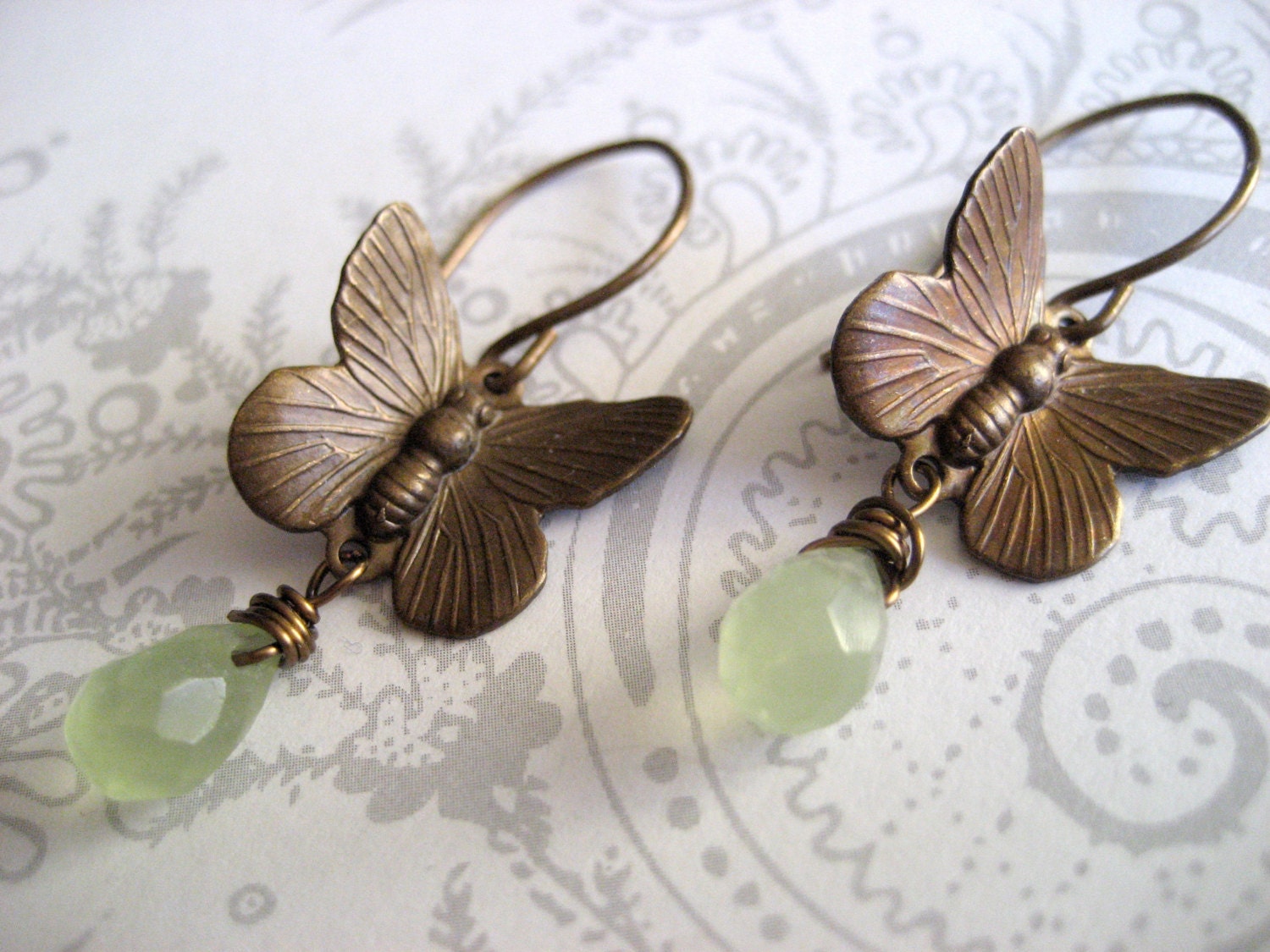 Justine Earrings- butterflies with seafoam green jade