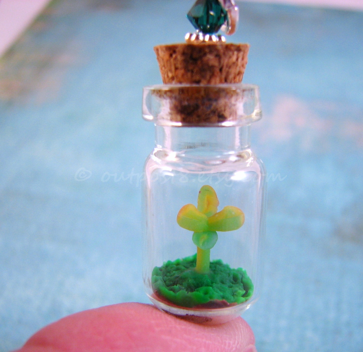 Lucky four leaf clover bottle necklace. Polymer clay charm jewelry. Nature, kawaii, plant. Free US shipping.