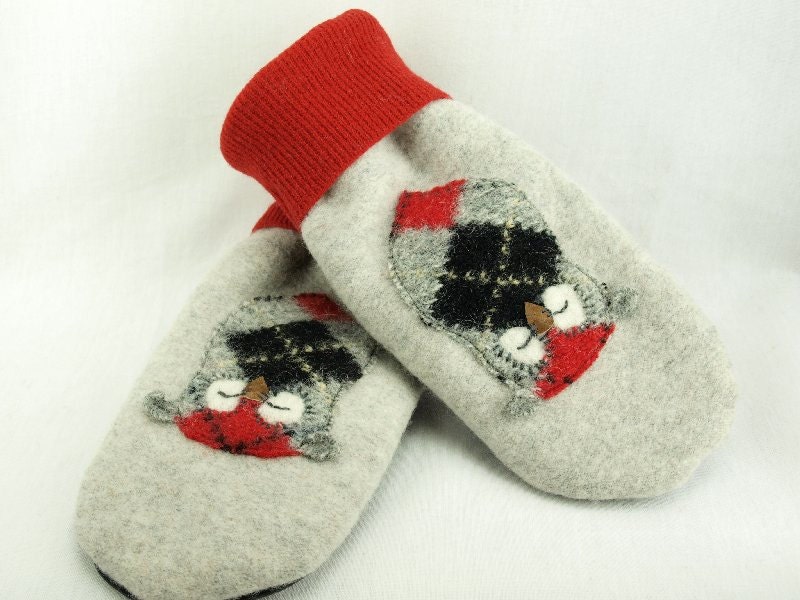 Eco Friendly Mittens Sweater Mittens Felted Wool Light Grey Red Black  Owl Applique Fleece Lining Leather Palm Upcycled Size M