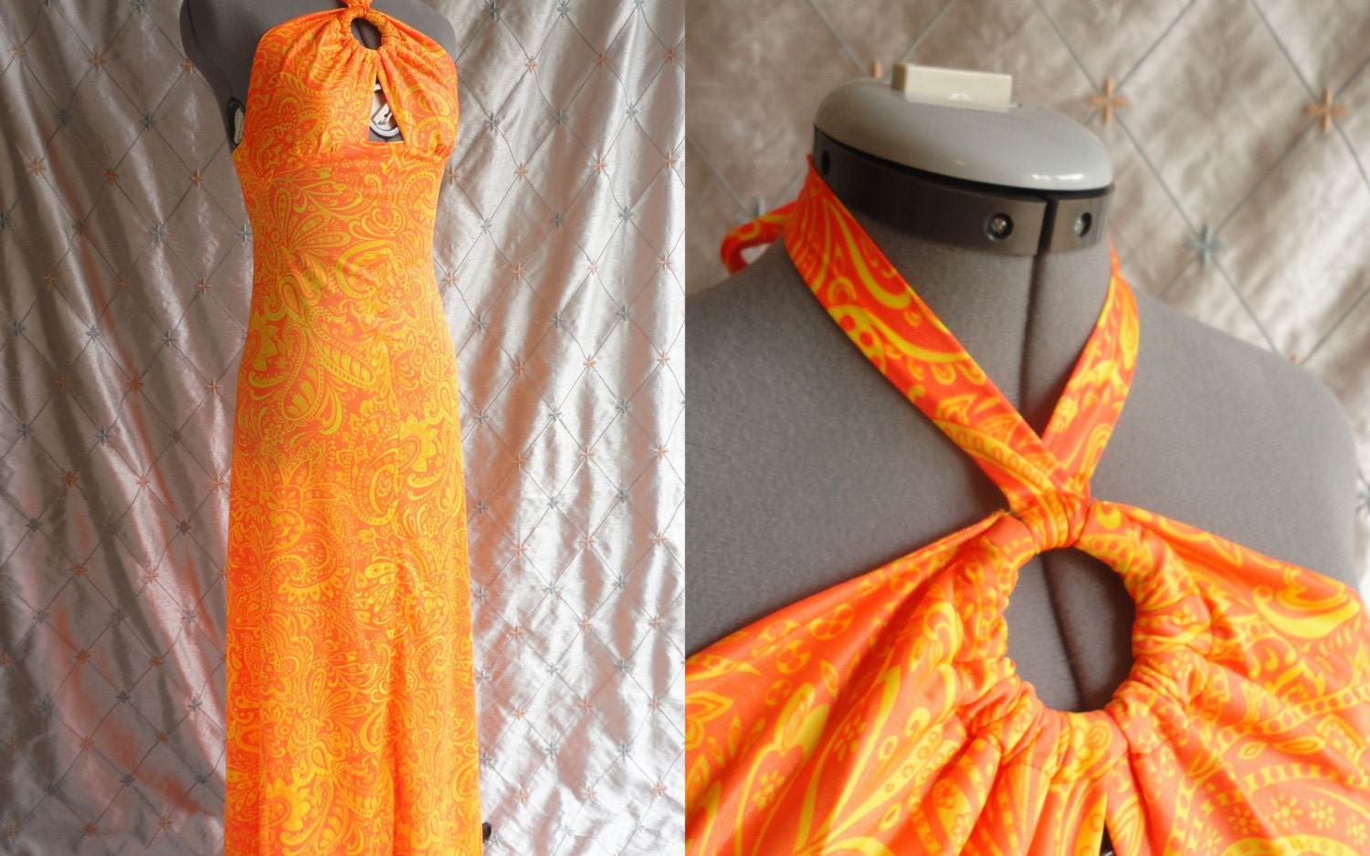 Maxi Dress // 70s 80s Dress // Vintage 1970s 1980s Neon Orange Paisley Halter Maxi Dress Size S