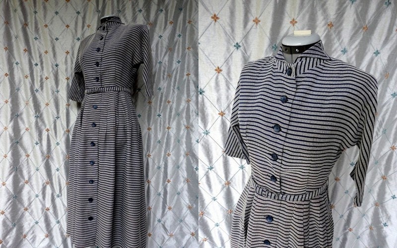 40s Dress // Vintage 1940s Navy and White Striped Day Dress with Belt Size M