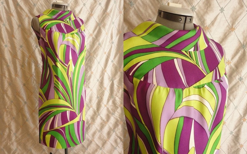 60s Dress // Vintage 1960s Purple and Green Pucci Inspired Sleeveless Print Dress Size M L