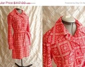 Sale 60s Dress // Vintage Red and White Pointillist Mini Dress with Patch Pockets and Matching Belt Size M