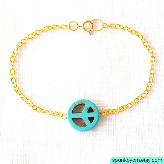 Turquoise Magnesite Gold Chain Bracelet - Peace