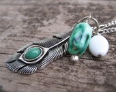 Silver Feather Necklace. Jade Green and White. Antiqued Feather Charm Pendant on Silver Chain. Boho Style Feather Jewelry.