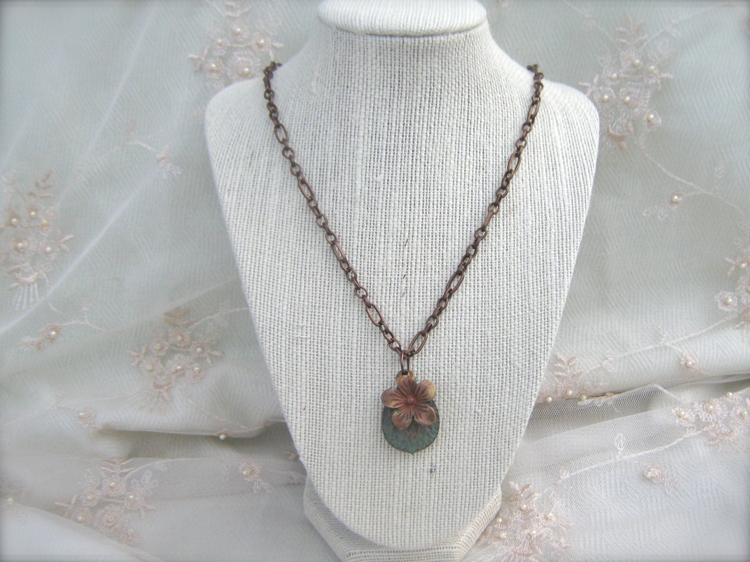 Flower Charm Necklace. Patina Leaf Necklace. Orange Flower. Patinaed Copper Leaf Charm. Hand Painted Charm Necklace. Copper Chain Necklace.