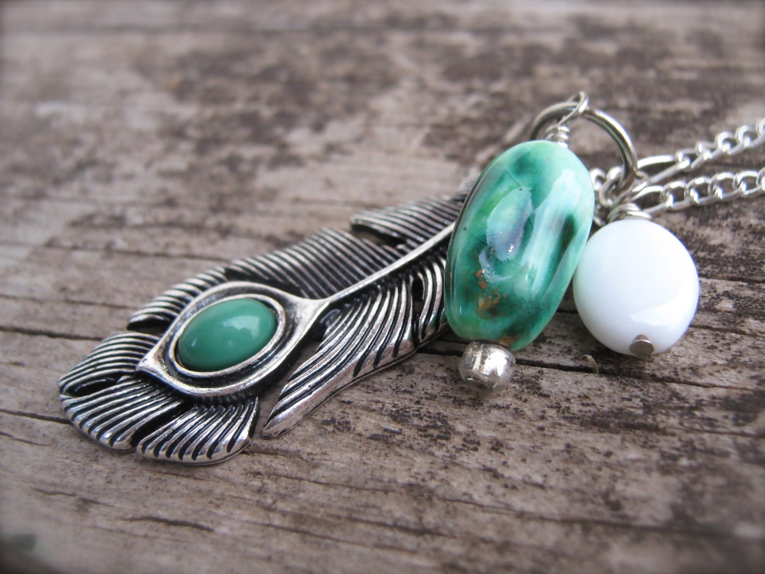 Silver Feather Necklace. Jade Green and White. Antiqued Feather Charm Pendant on Silver Chain. Boho Style Feather Jewelry.